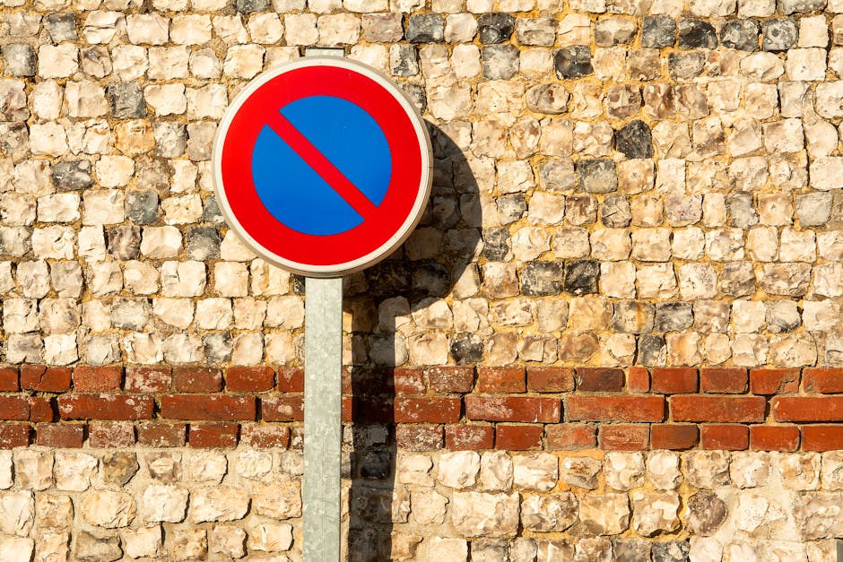 A round no-parking traffic sign with a red border, blue background, and a red diagonal line crossing through the center, mounted on a metal pole positioned in front of a stone wall built with irregularly shaped beige and dark grey stones. The wall has a horizontal row of reddish bricks toward the lower part. The sign casts a shadow on the wall, indicating sunlight from the right side. The scene is outdoors, and the image is related to house removals and moving logistics, aligning with services offered by Man with Van Downham, as they assist with planning and executing home relocations, including loading and transport processes.